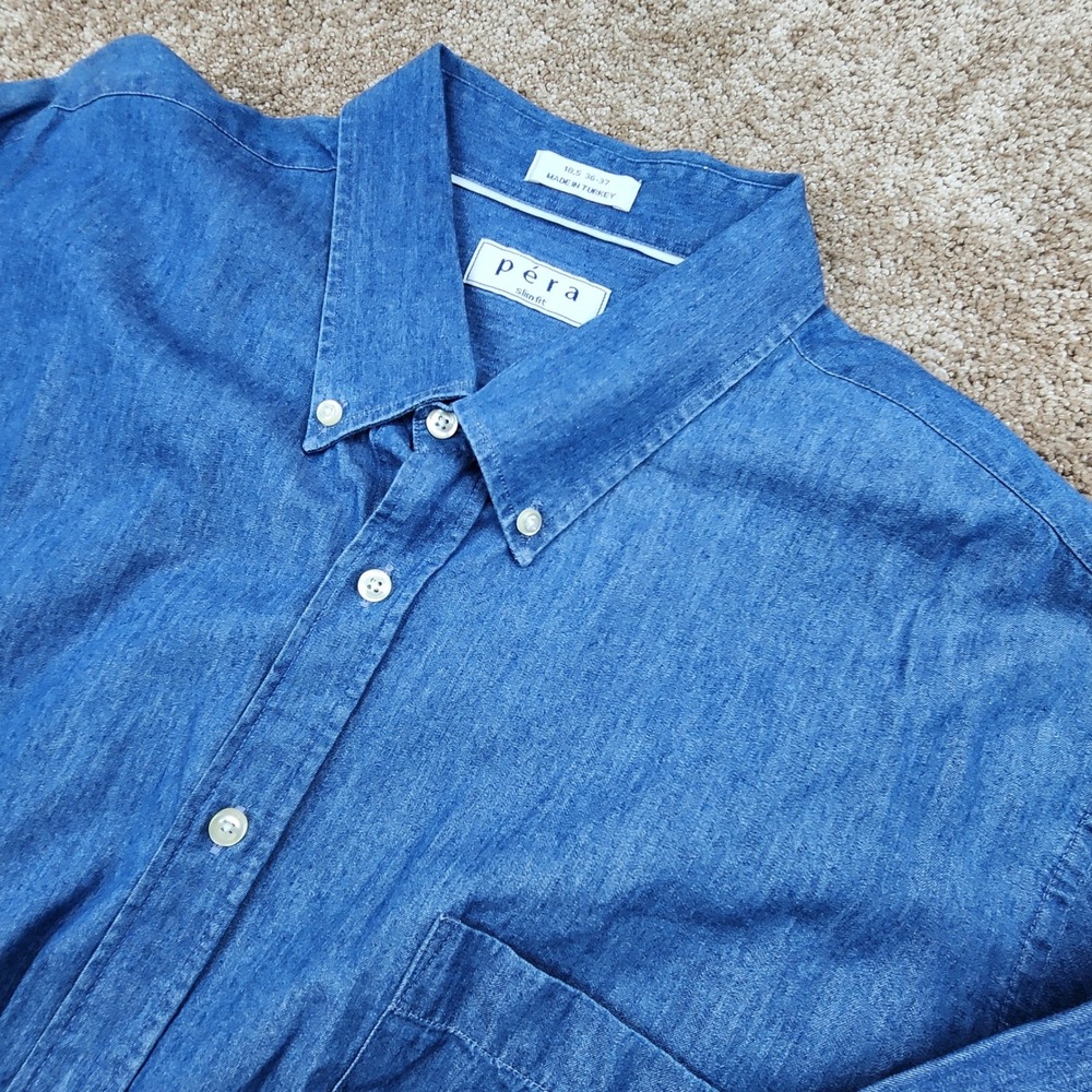 Pera Mens Button‎ Up Shirt Long Sleeve Blue Denim Look Slim Fit Casual